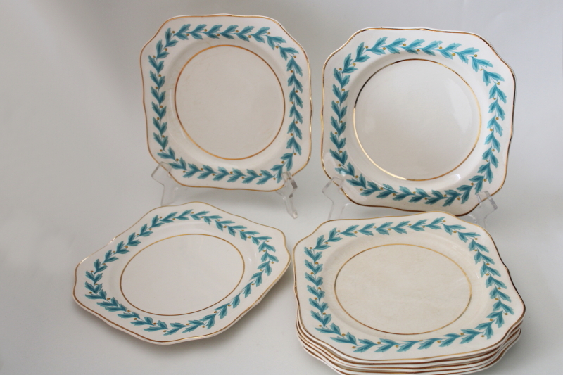 photo of 1920s vintage Johnson Bros china, set of 8 square plates Bermuda aqua blue leaf border #7