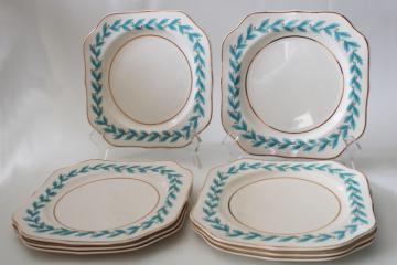 catalog photo of 1920s vintage Johnson Bros china, set of 8 square plates Bermuda aqua blue leaf border