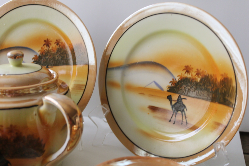 photo of 1920s vintage Made in Japan hand painted china tea set, Egyptian desert scenes w/ camels #6