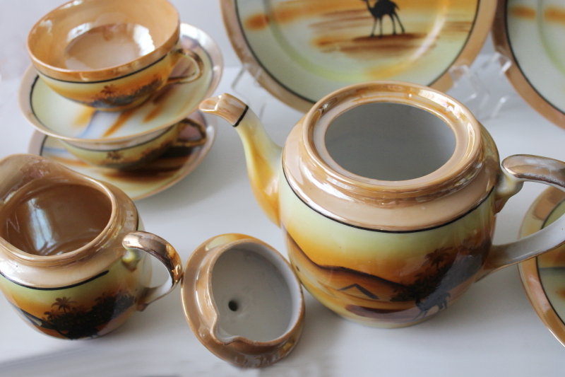 photo of 1920s vintage Made in Japan hand painted china tea set, Egyptian desert scenes w/ camels #9