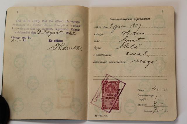 photo of 1920s vintage Swedish passport, Denmark Scandinavia travel stamps #5