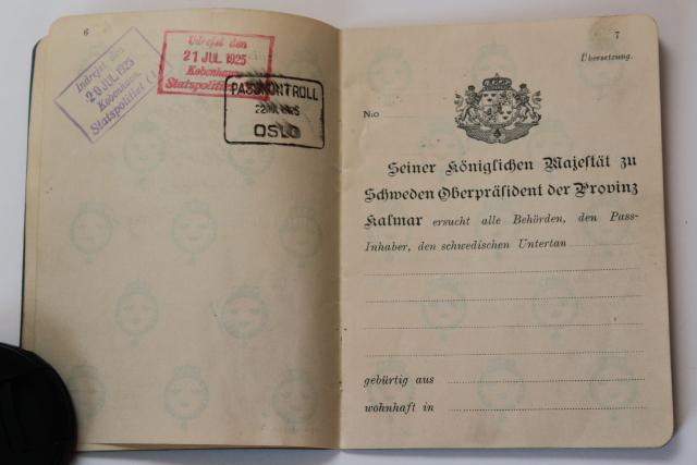 photo of 1920s vintage Swedish passport, Denmark Scandinavia travel stamps #6