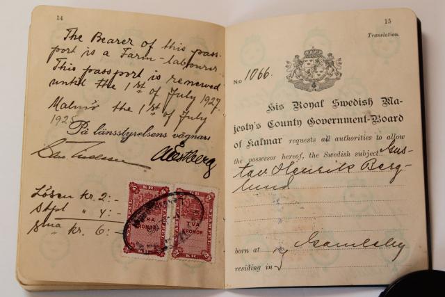 photo of 1920s vintage Swedish passport, Denmark Scandinavia travel stamps #8