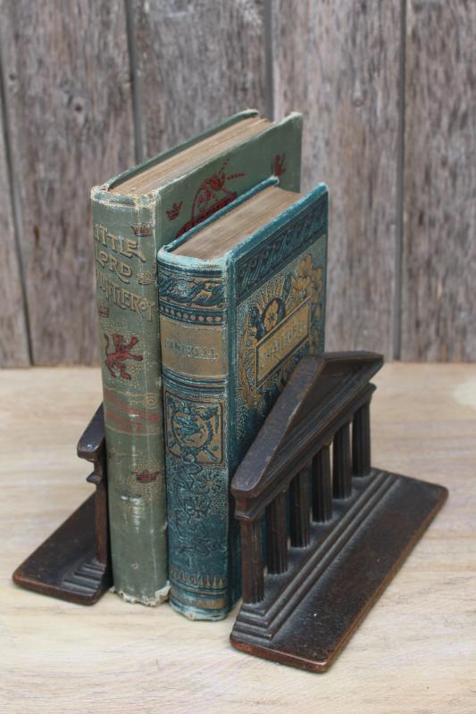 photo of 1920s vintage Verona cast iron bookends, bronze finish Parthenon classical Greek Roman temple #1