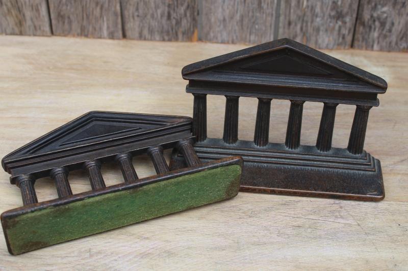 photo of 1920s vintage Verona cast iron bookends, bronze finish Parthenon classical Greek Roman temple #4