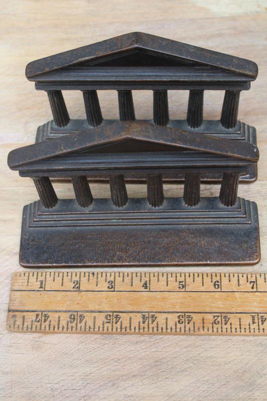 photo of 1920s vintage Verona cast iron bookends, bronze finish Parthenon classical Greek Roman temple #5