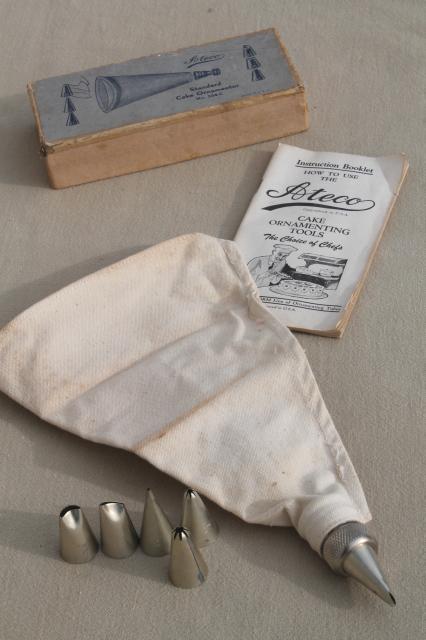 photo of 1920s vintage cake decorating set in original box, antique piping bag & cone tips #1