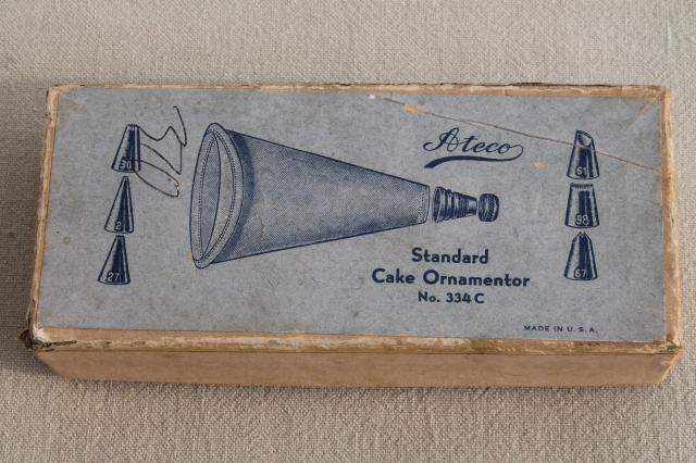 photo of 1920s vintage cake decorating set in original box, antique piping bag & cone tips #9