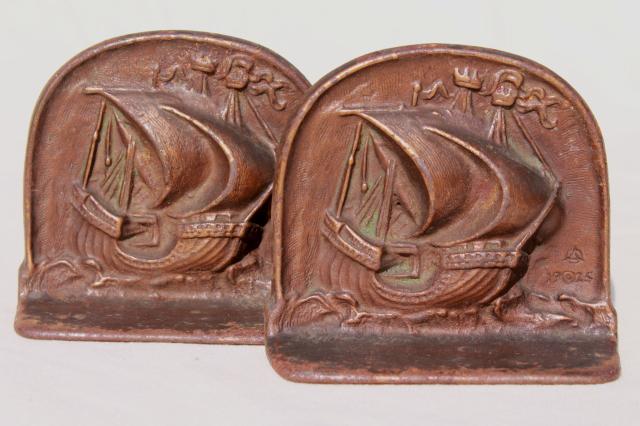 photo of 1920s vintage cast iron bookends, Mayflower sailing ship dated 1925, Snead mark? #1