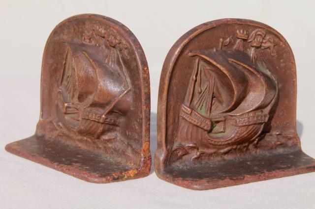 photo of 1920s vintage cast iron bookends, Mayflower sailing ship dated 1925, Snead mark? #3