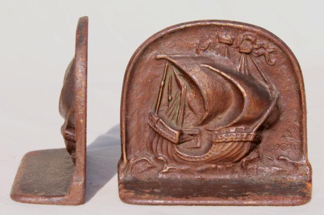 photo of 1920s vintage cast iron bookends, Mayflower sailing ship dated 1925, Snead mark? #5