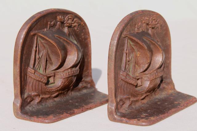 photo of 1920s vintage cast iron bookends, Mayflower sailing ship dated 1925, Snead mark? #10