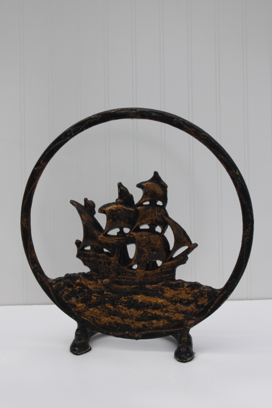 photo of 1920s vintage cast iron round w/ sailing ship, ornamental radio cover or fireplace screen #1