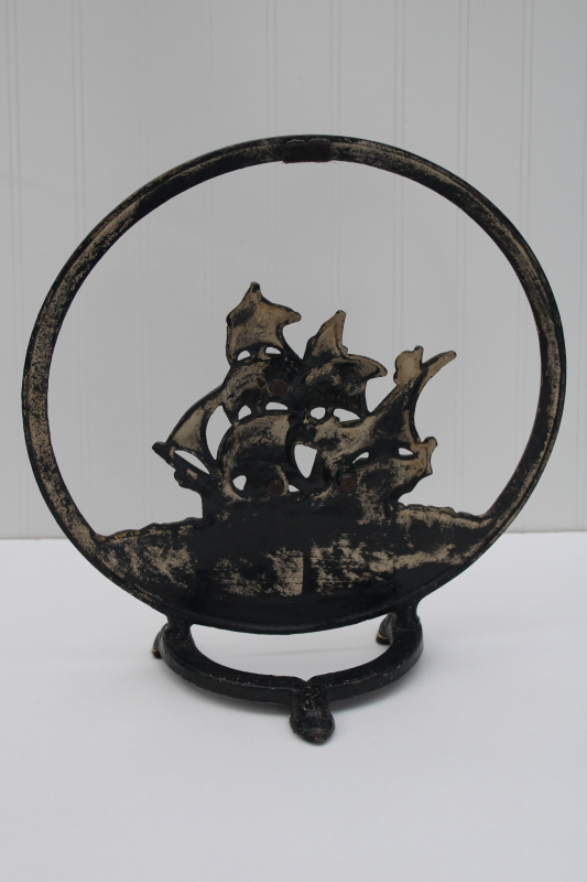 photo of 1920s vintage cast iron round w/ sailing ship, ornamental radio cover or fireplace screen #6