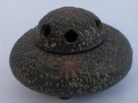 photo of 1920s vintage ceramic incense burner, art nouveau flowers on black, Japan #1