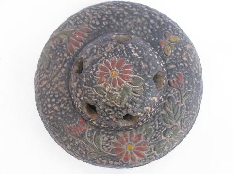 photo of 1920s vintage ceramic incense burner, art nouveau flowers on black, Japan #2