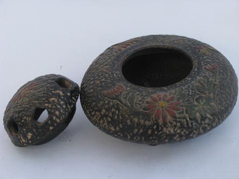 photo of 1920s vintage ceramic incense burner, art nouveau flowers on black, Japan #3