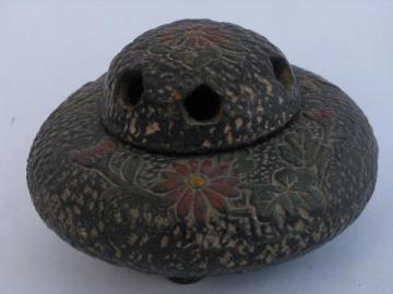 catalog photo of 1920s vintage ceramic incense burner, art nouveau flowers on black, Japan