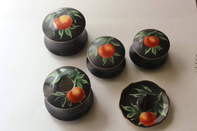 photo of 1920s vintage hand painted china vanity boxes set, chinoiserie peach fruit on black #1