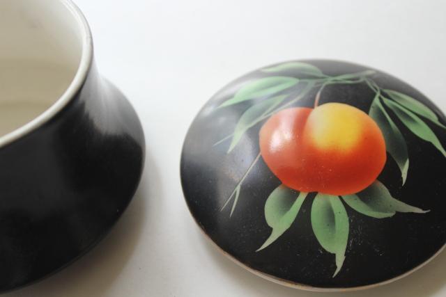 photo of 1920s vintage hand painted china vanity boxes set, chinoiserie peach fruit on black #2