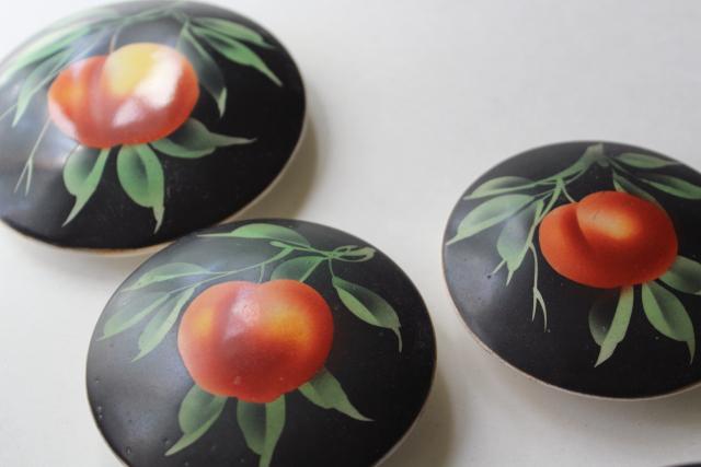 photo of 1920s vintage hand painted china vanity boxes set, chinoiserie peach fruit on black #9