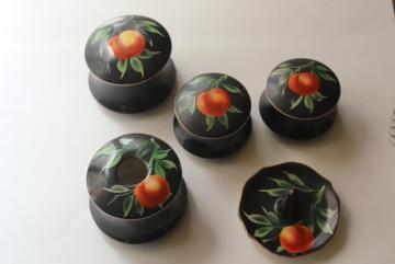 catalog photo of 1920s vintage hand painted china vanity boxes set, chinoiserie peach fruit on black