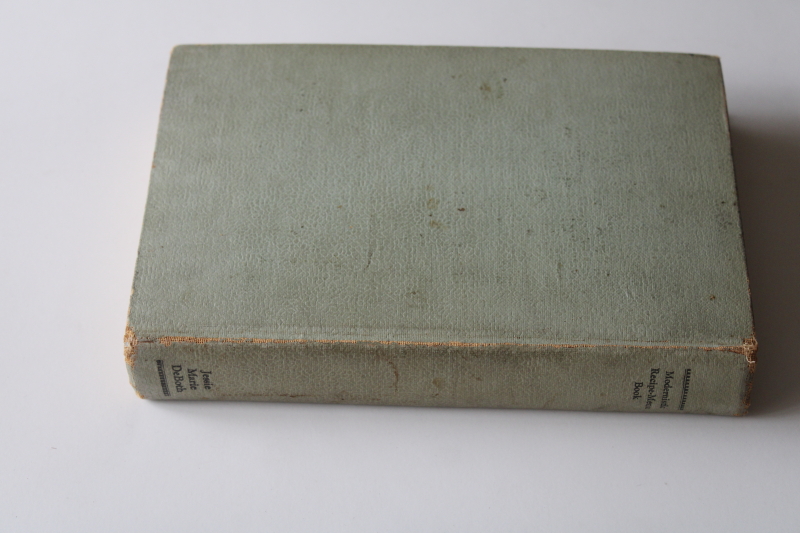 photo of 1920s vintage modern menu cookbook w/ recipes, lovely aqua grey cloth cover antique book #2