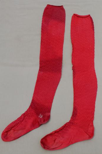 photo of 1920s vintage over the knee stockings, primitive knit socks in barn red & natural cotton  #5