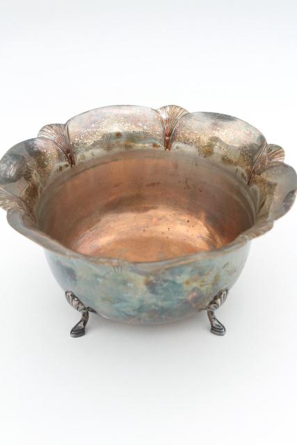 photo of 1920s vintage silver over copper, Sheffield shell footed bowl, antique silver plate #1