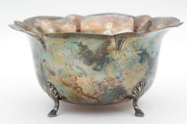 photo of 1920s vintage silver over copper, Sheffield shell footed bowl, antique silver plate #5