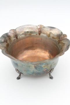 catalog photo of 1920s vintage silver over copper, Sheffield shell footed bowl, antique silver plate