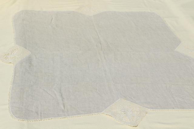 photo of 1920s vintage tablecloth, antique flax linen fabric w/ crochet butterfly lace motifs #1