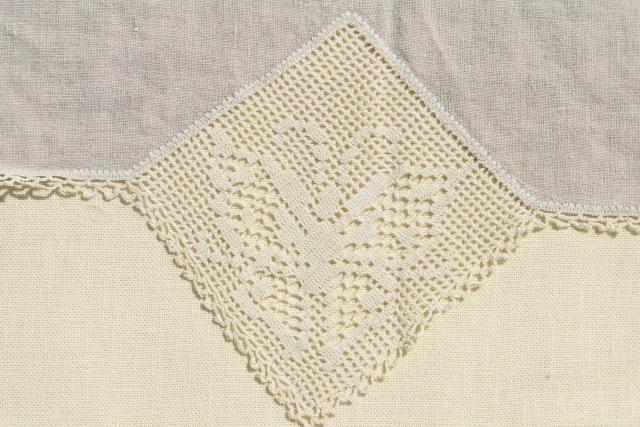 photo of 1920s vintage tablecloth, antique flax linen fabric w/ crochet butterfly lace motifs #2