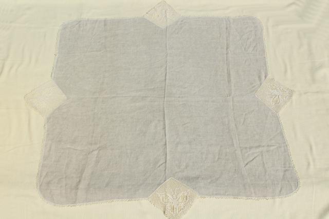 photo of 1920s vintage tablecloth, antique flax linen fabric w/ crochet butterfly lace motifs #3