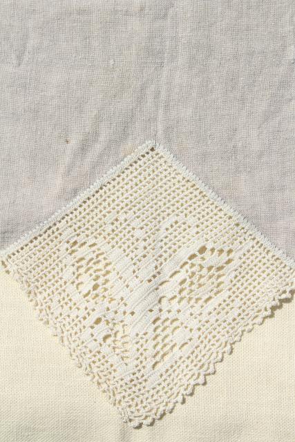 photo of 1920s vintage tablecloth, antique flax linen fabric w/ crochet butterfly lace motifs #6