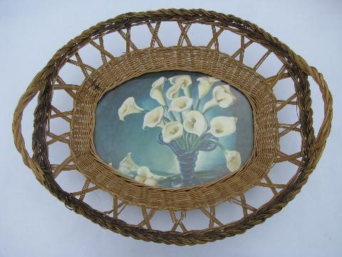 photo of 1920s-30s vintage basket weave tray w/ color litho calla lilies print #2