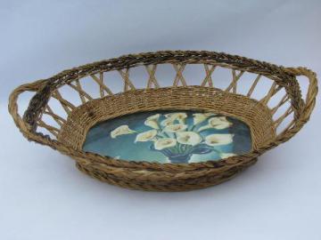 catalog photo of 1920s-30s vintage basket weave tray w/ color litho calla lilies print