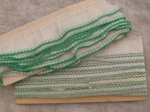 photo of 1920s-30s vintage cotton organdy ruffle sewing trim, jade green on white #1