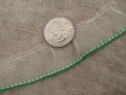 photo of 1920s-30s vintage cotton organdy ruffle sewing trim, jade green on white #2