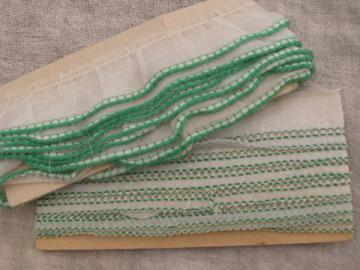 catalog photo of 1920s-30s vintage cotton organdy ruffle sewing trim, jade green on white