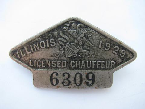 photo of 1929 licensed Illinois chauffeur badge pin license #1