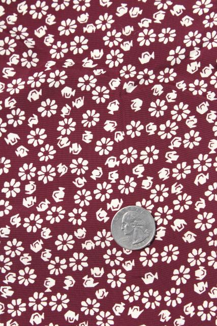 photo of 1930 1940s vintage rayon fabric, burgundy wine floral print silky material #2