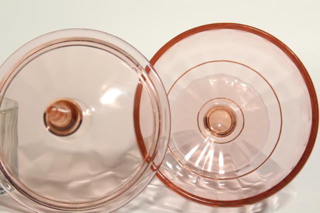 photo of 1930s 1940s vintage pink depression glass candy jar, pedestal dish with lid #5