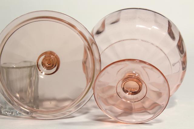 photo of 1930s 1940s vintage pink depression glass candy jar, pedestal dish with lid #6