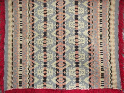 photo of 1930s 40s vintage Indian pattern cotton camp blanket w/ red wool fringe #1