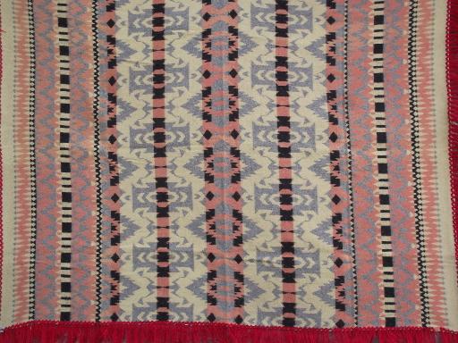 photo of 1930s 40s vintage Indian pattern cotton camp blanket w/ red wool fringe #3
