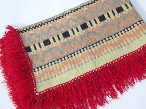 photo of 1930s 40s vintage Indian pattern cotton camp blanket w/ red wool fringe #5