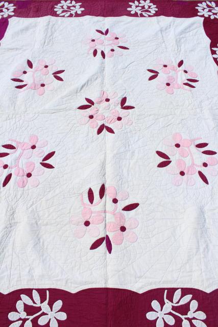 photo of 1930s 40s vintage applique flowers cotton quilt, pink dogwood pattern #1