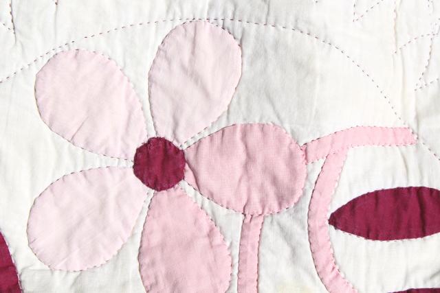 photo of 1930s 40s vintage applique flowers cotton quilt, pink dogwood pattern #5