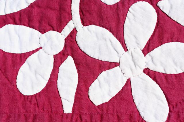 photo of 1930s 40s vintage applique flowers cotton quilt, pink dogwood pattern #6